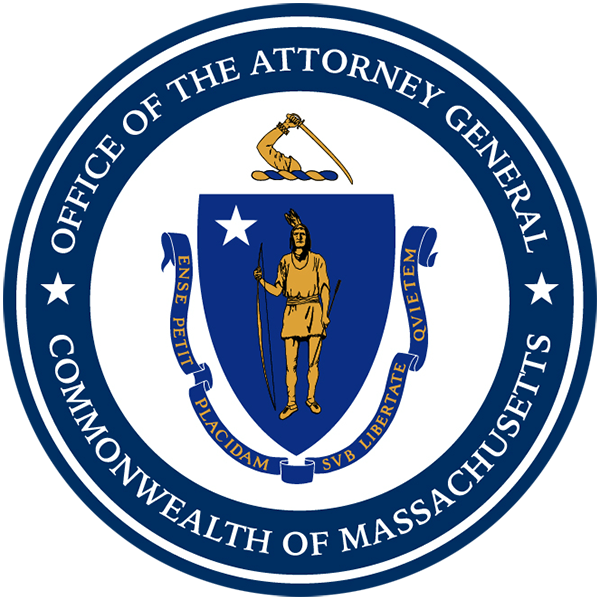 Seal of the Office of the Attorney General of the Commonwealth of Massachusetts, featuring the state emblem and motto "Ense petit placidam sub libertate quietem" on a blue circular background.